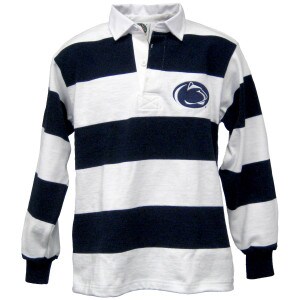 navy and white striped rugby collared shirt with Penn State Athletic Logo